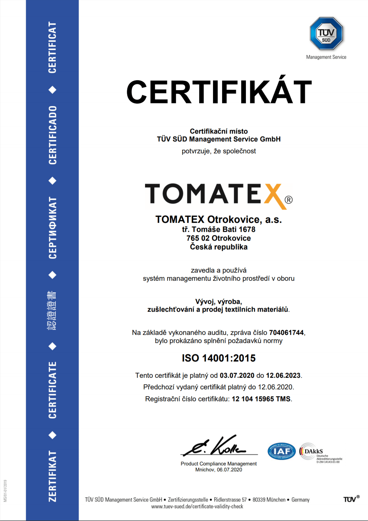 ISO 14001:2015 CZ TOMATEX